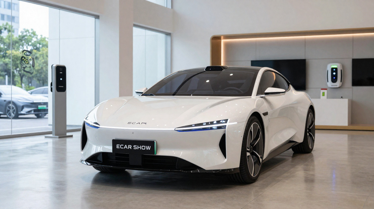 Carro elétrico branco moderno exposto num showroom com janelas amplas e carregadores elétricos ao fundo.