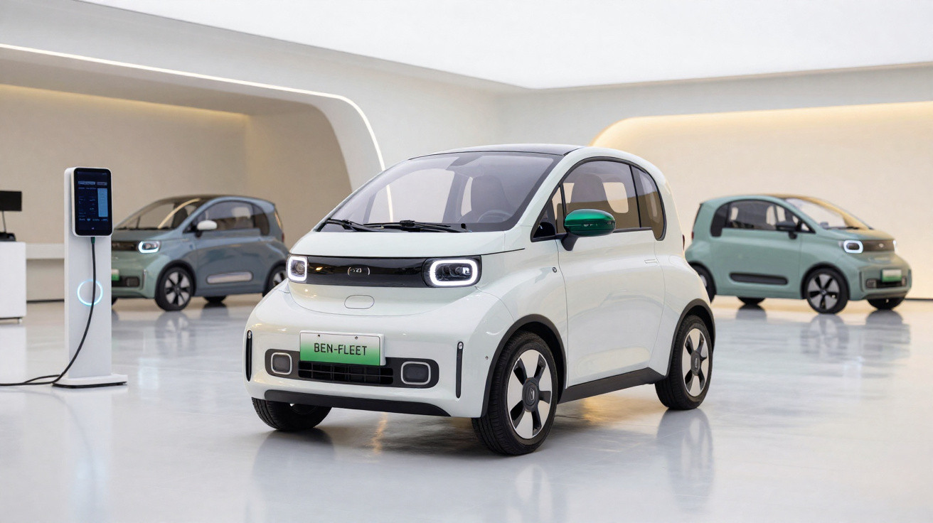 Carros elétricos compactos de várias cores numa sala branca moderna, com um a carregar numa estação de carregamento.