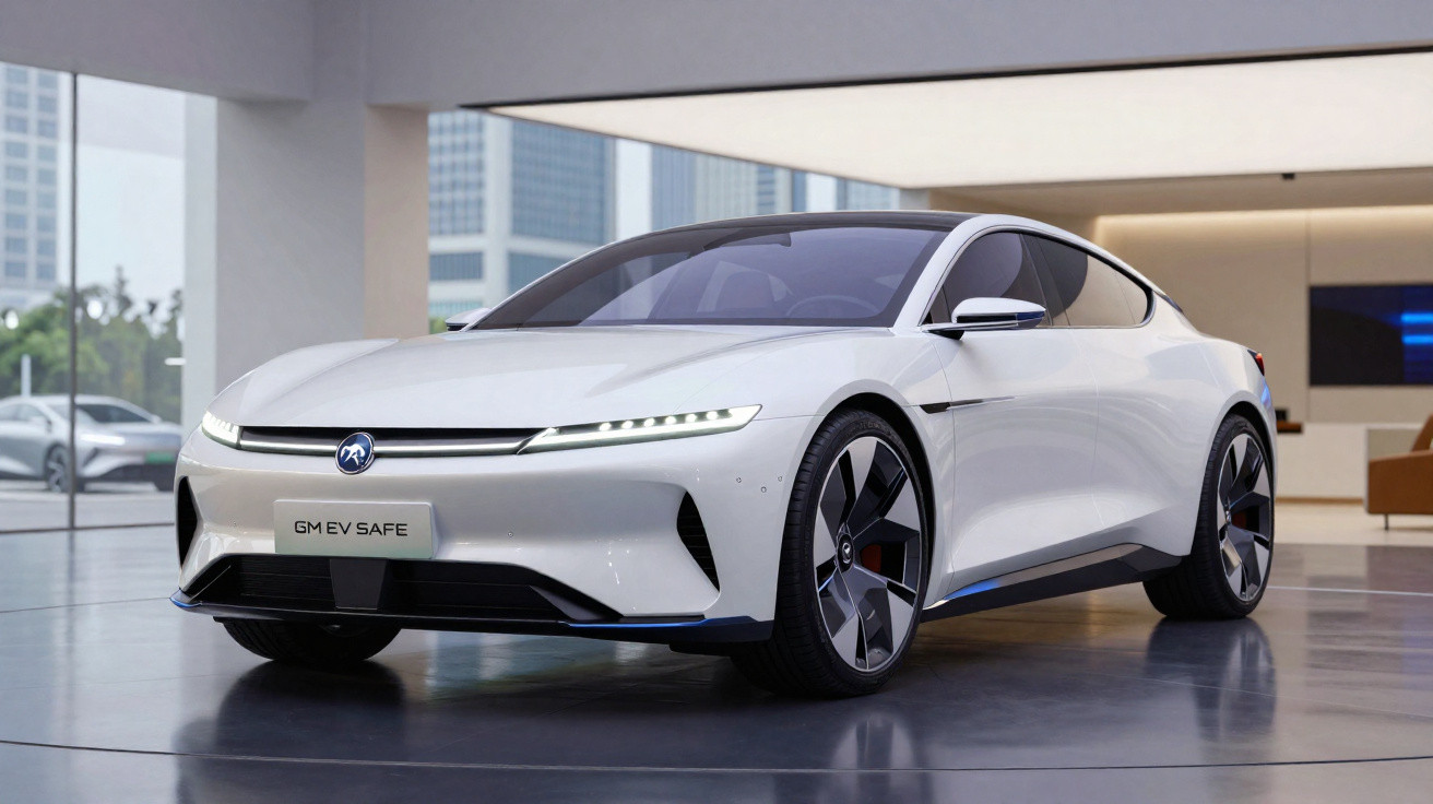 Carro elétrico branco GM EV SAFE estacionado em espaço interior moderno com grandes janelas.