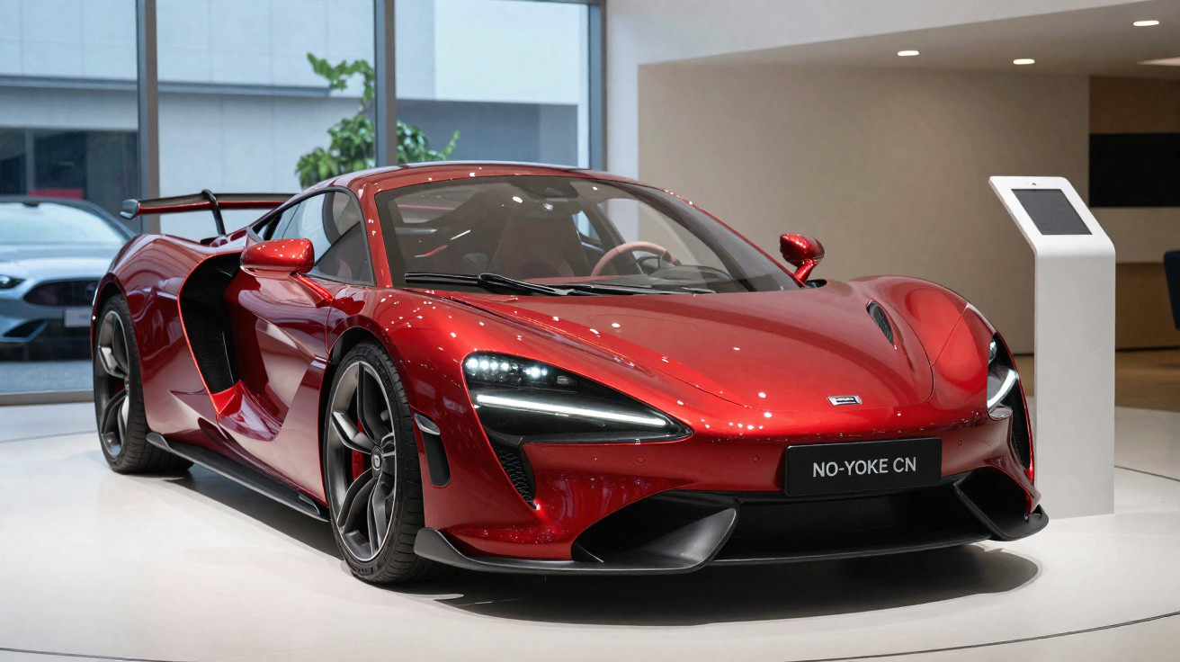 Carro desportivo vermelho brilhante em exposição num showroom moderno com porta aberta no lado do condutor.