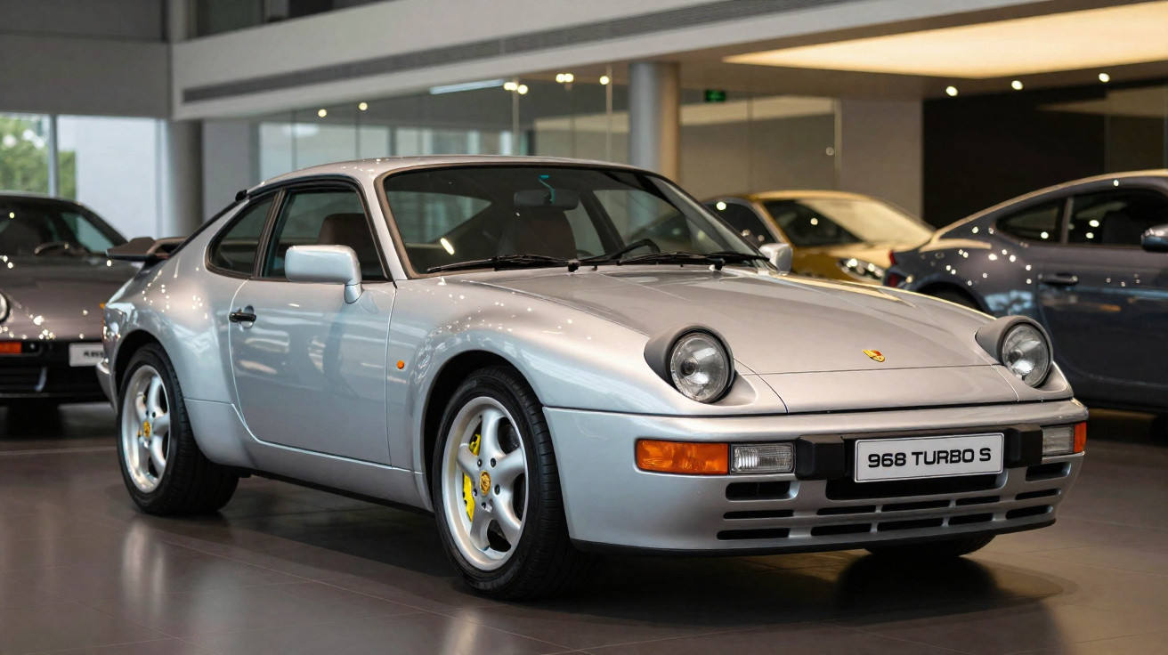 Porsche 968 Turbo S prateado estacionado num showroom moderno com outros carros ao fundo.