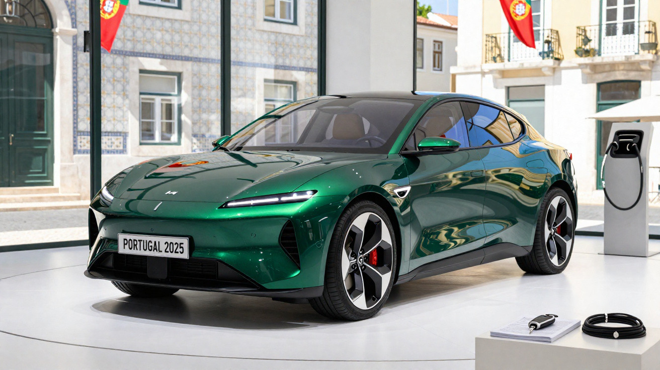 Carro elétrico verde escuro num showroom moderno, com carregador e placa "Portugal 2025".
