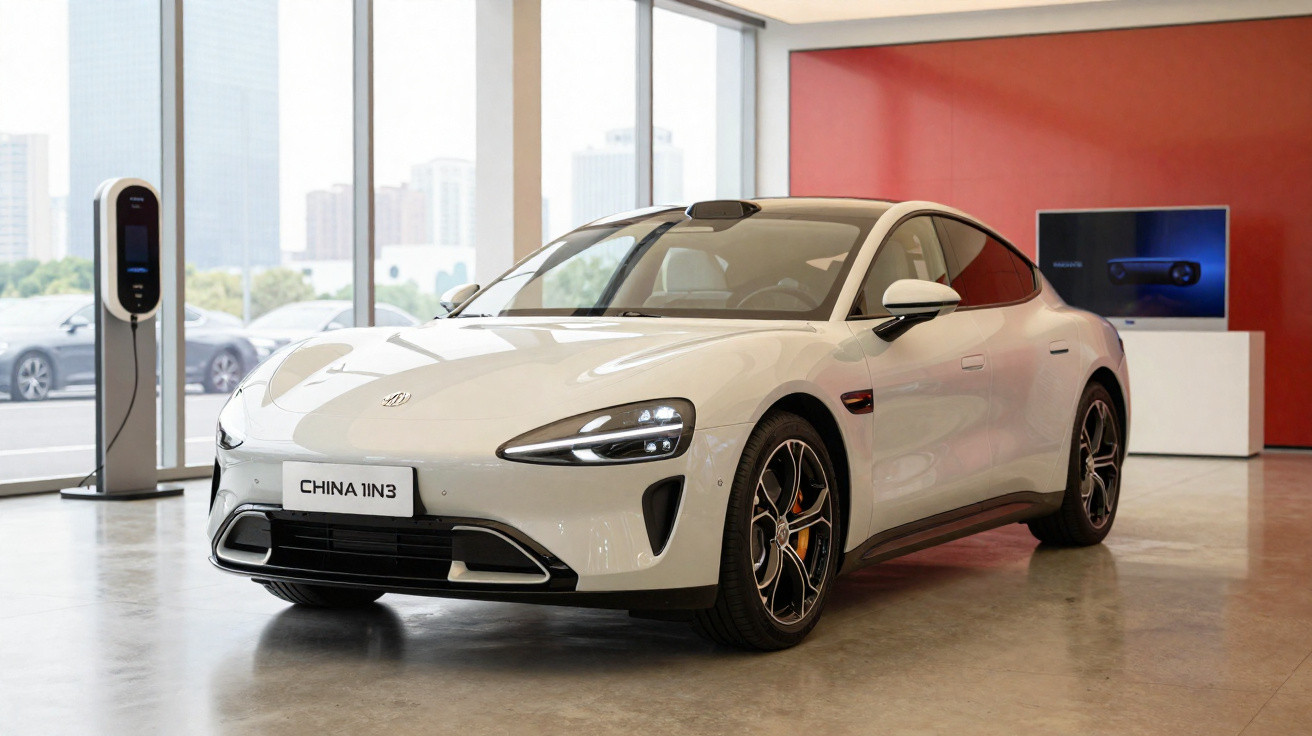 Carro elétrico branco China IN3 estacionado numa sala com parede vermelha e carregador elétrico perto da janela.