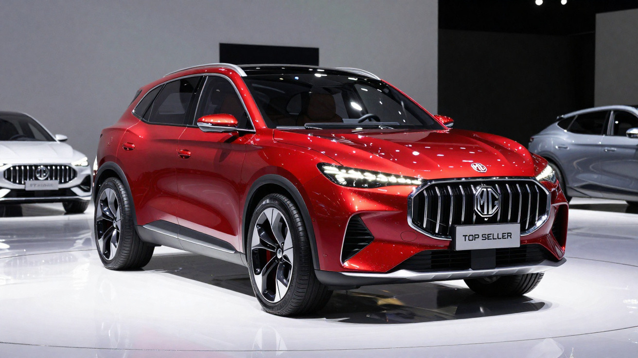 Carro SUV MG vermelho brilhante estacionado em exposição automóvel com outras viaturas ao fundo.