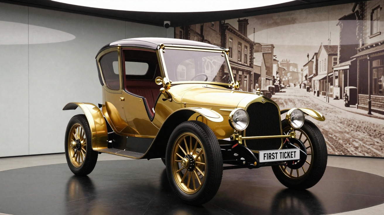 Carro antigo dourado em exposição num museu, com volante à direita e matrículas a dizer "FIRST TICKET".