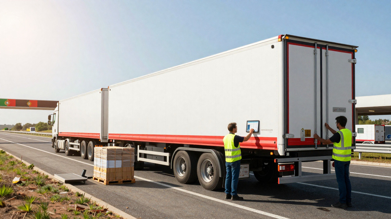 Dois trabalhadores com coletes refletivos inspecionam um camião de carga branco numa estrada.