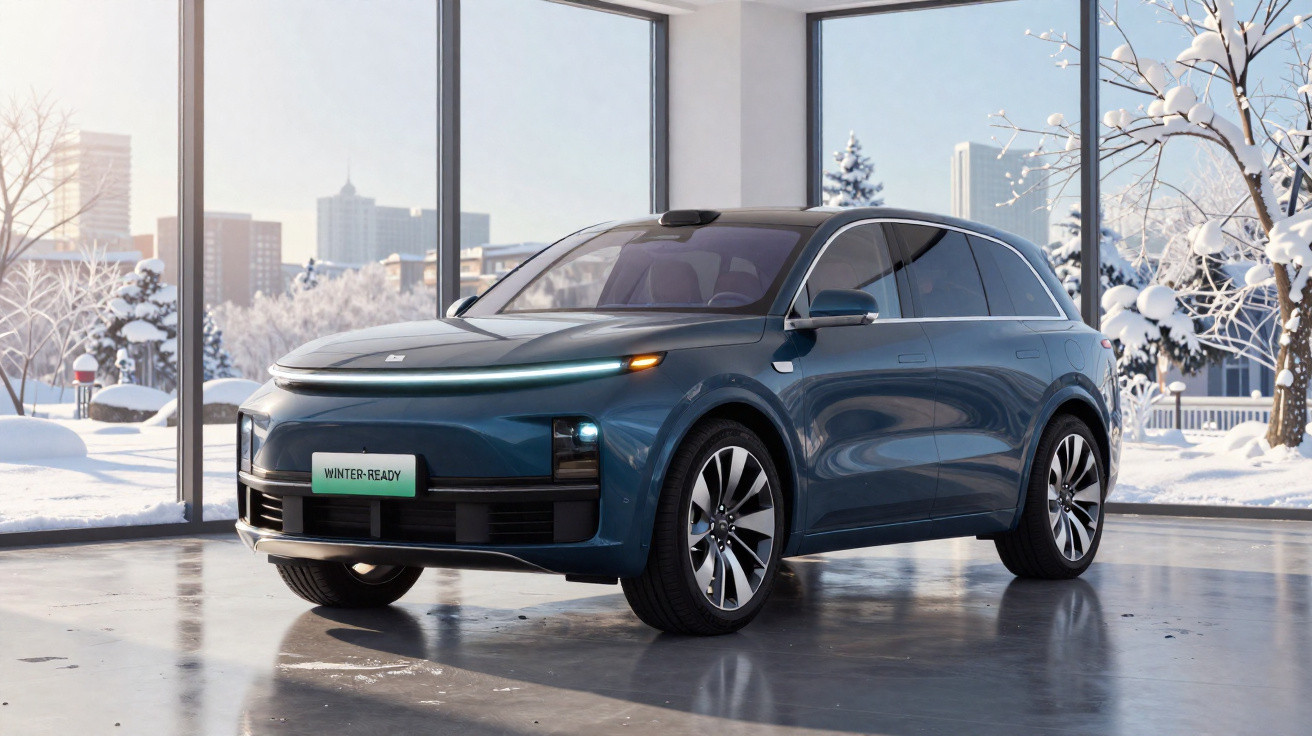 Carro SUV elétrico azul estacionado em espaço interior com grandes janelas e paisagem nevosa exterior.