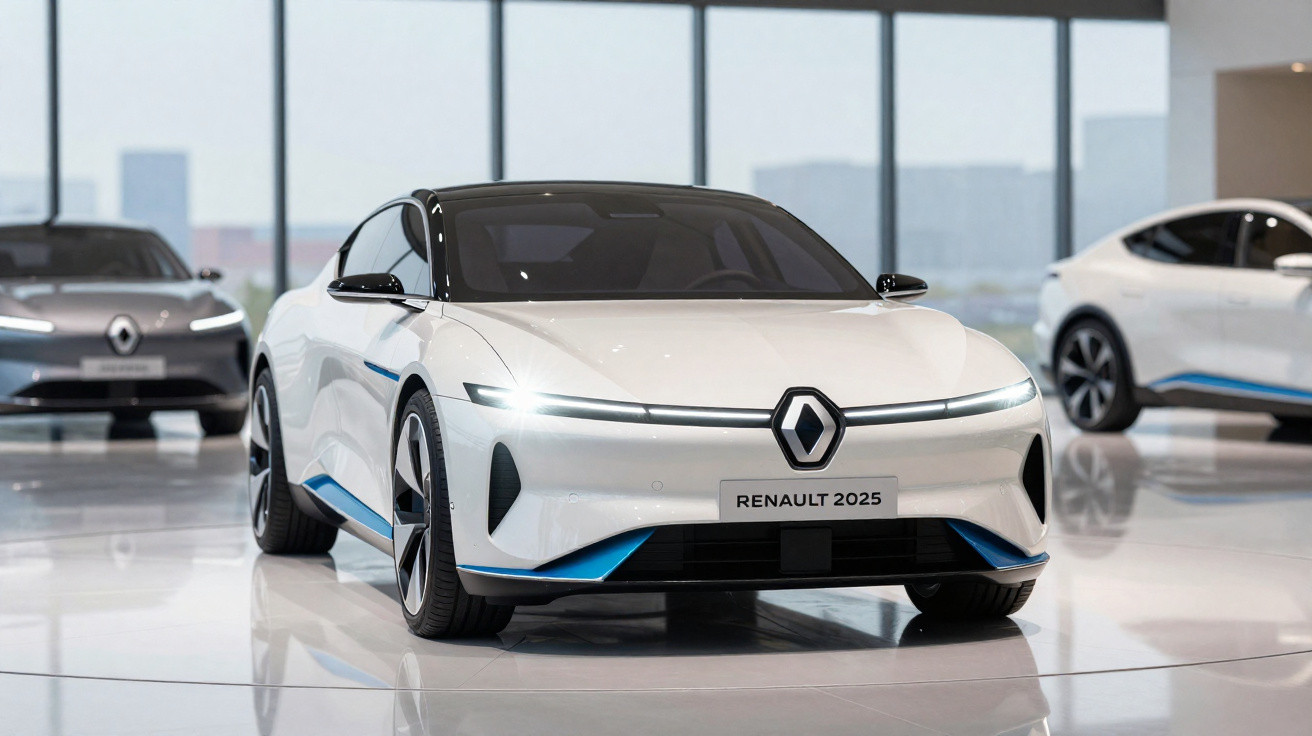 Carro elétrico branco Renault 2025 em exposição num salão moderno com grandes janelas.