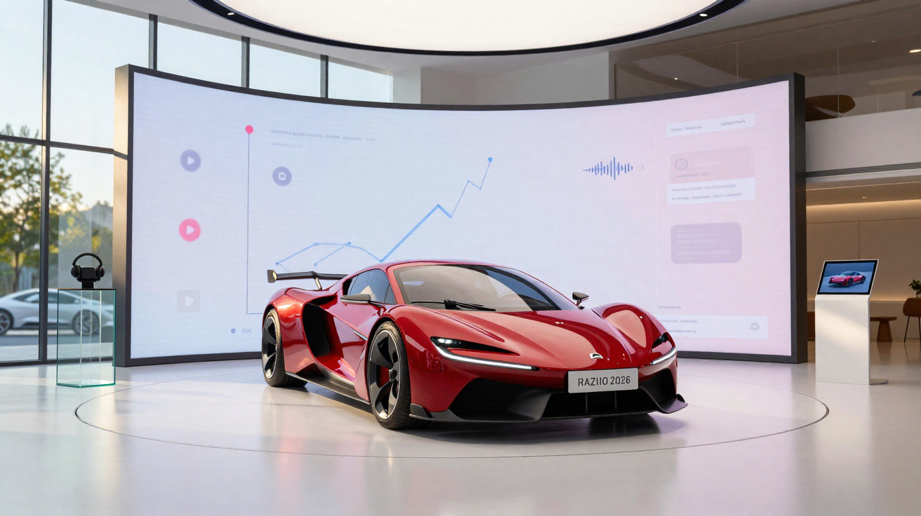 Carro desportivo vermelho exposto em sala moderna com ecrã curvo e gráficos digitais ao fundo.