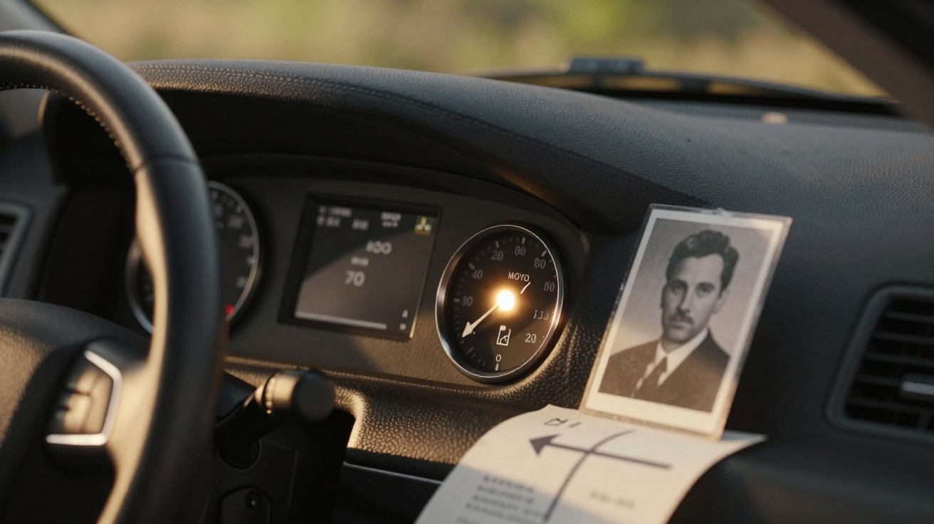 Interior de carro com volante, painel de instrumentos, fotografia a preto e branco de homem e papel com orientações.