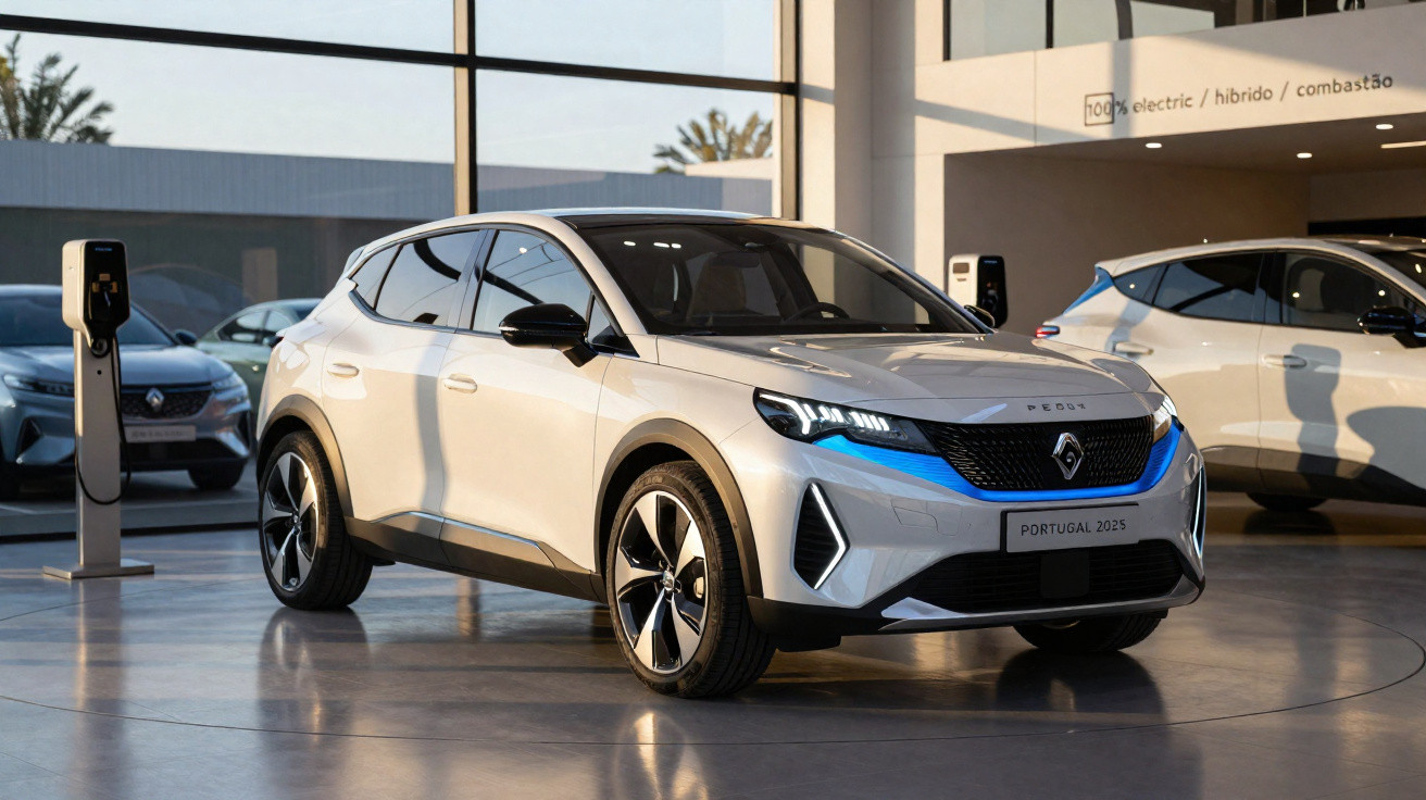 Carro elétrico branco da Renault exposto numa sala com carregadores elétricos e outro carro ao fundo.