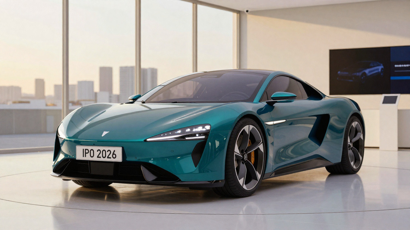 Carro desportivo elétrico verde exibido numa sala moderna com grandes janelas e vista de cidade ao fundo.