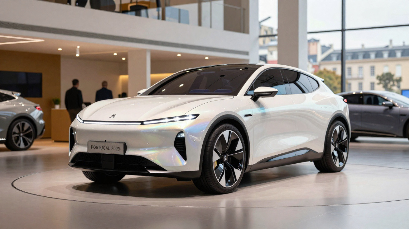Carro elétrico branco moderno exibido numa showroom contemporânea com janelas grandes e dois homens ao fundo.