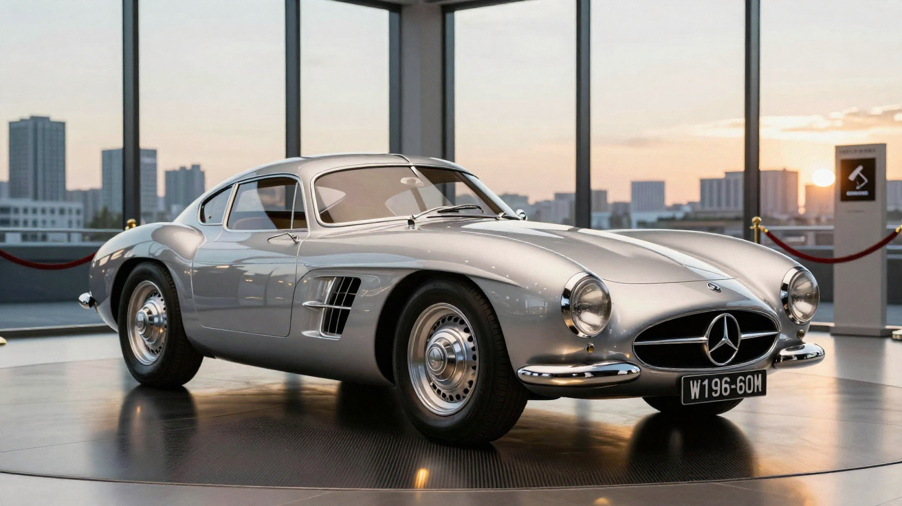 Carro clássico Mercedes-Benz prateado em exposição com vista urbana ao pôr do sol.