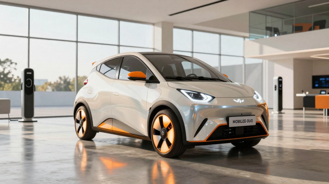 Carro elétrico branco com detalhes laranja estacionado numa garagem moderna e iluminada.