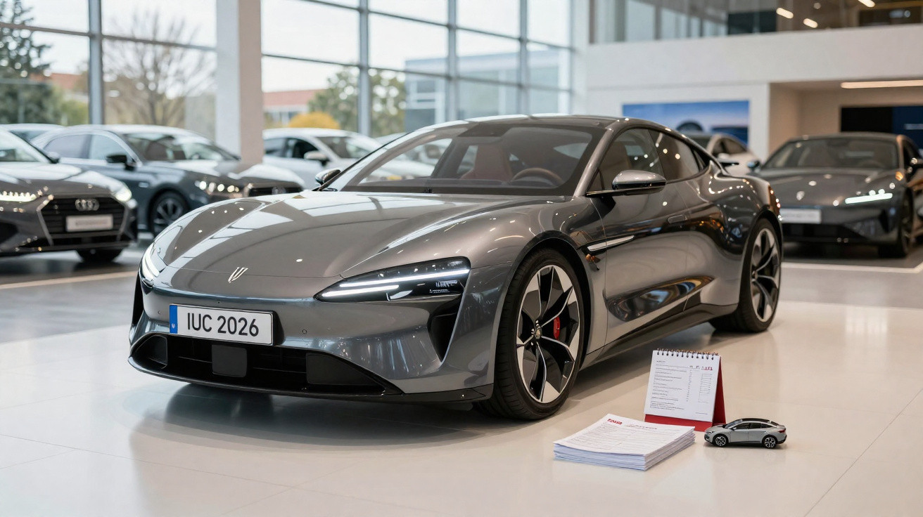 Carro desportivo cinza metálico em exposição numa sala com vários veículos e luz natural.