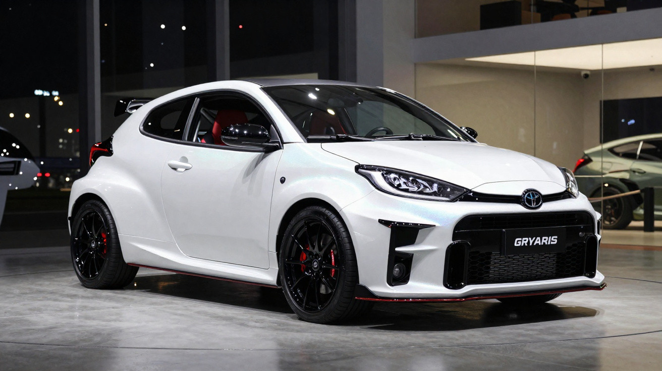 Carro desportivo branco Toyota GR Yaris estacionado em ambiente interior moderno com iluminação noturna.