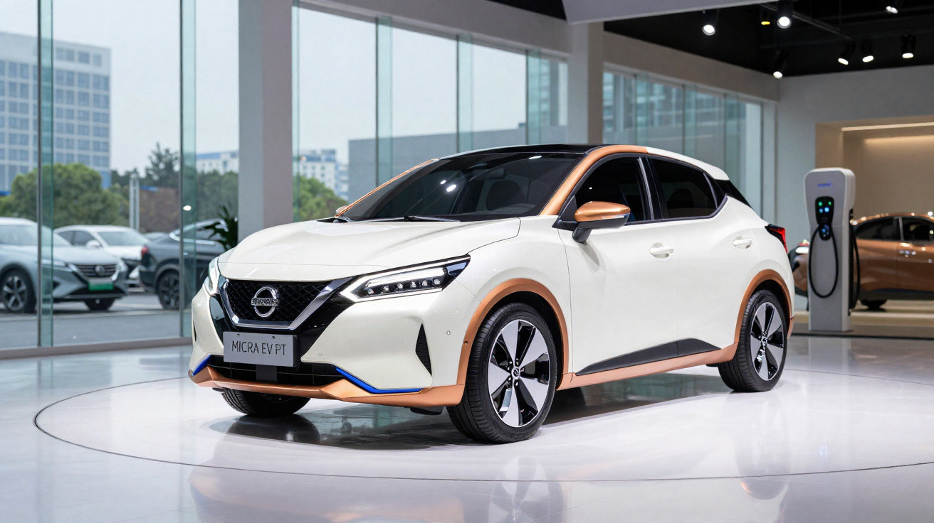 Carro elétrico Nissan Micra EV PT branco com detalhes laranja, em exposição numa sala de automóveis moderna.