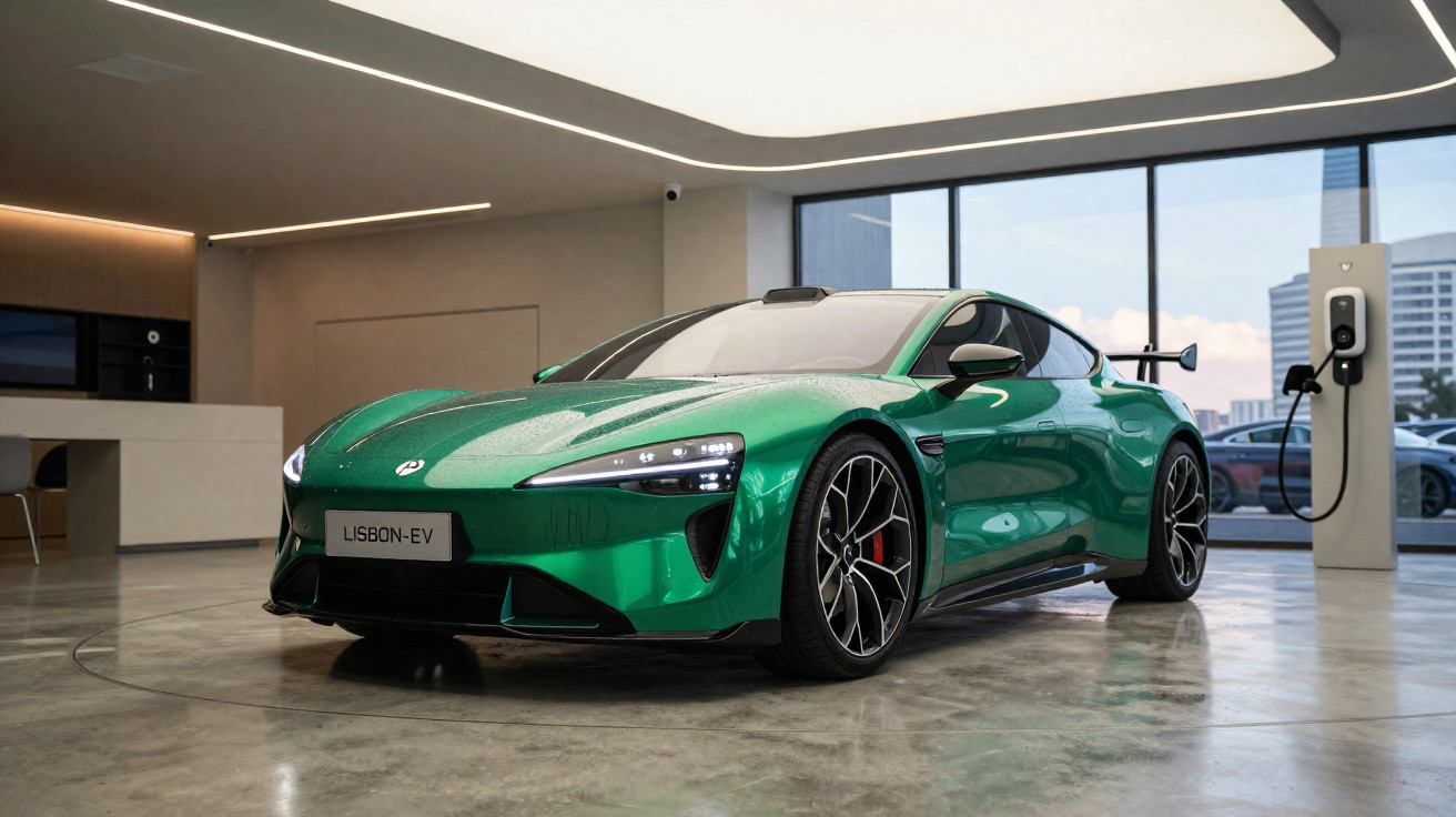 Automóvel elétrico desportivo verde estacionado numa sala moderna com carregador elétrico ao fundo.