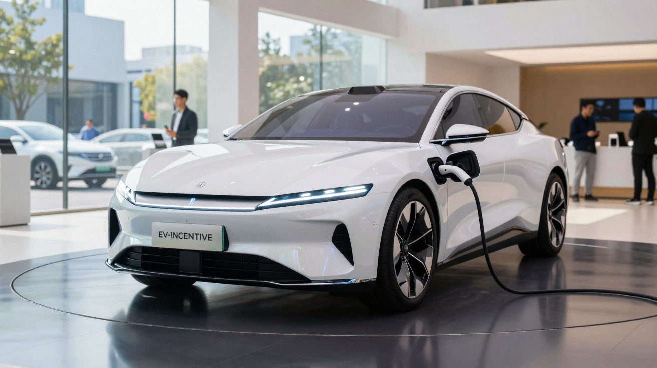 Carro elétrico moderno branco a carregar numa exposição futurista de automóveis.