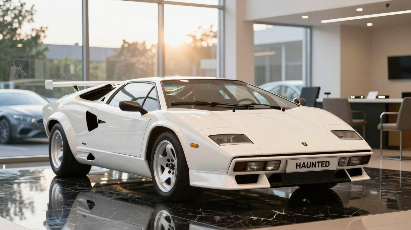 Carro desportivo clássico branco Lamborghini Countach num showroom moderno com chão de mármore preto.