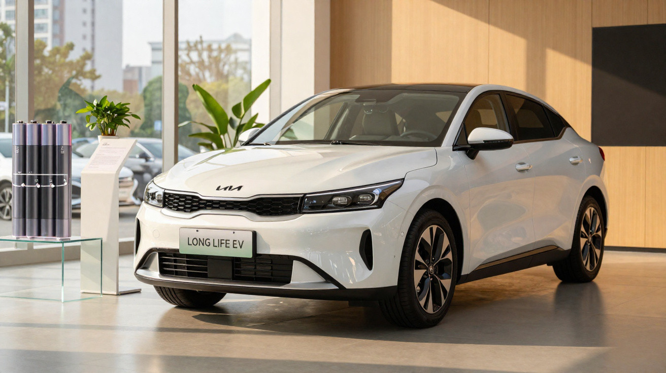 Carro elétrico branco KIA Long Life EV exposto em showroom moderno e iluminado.