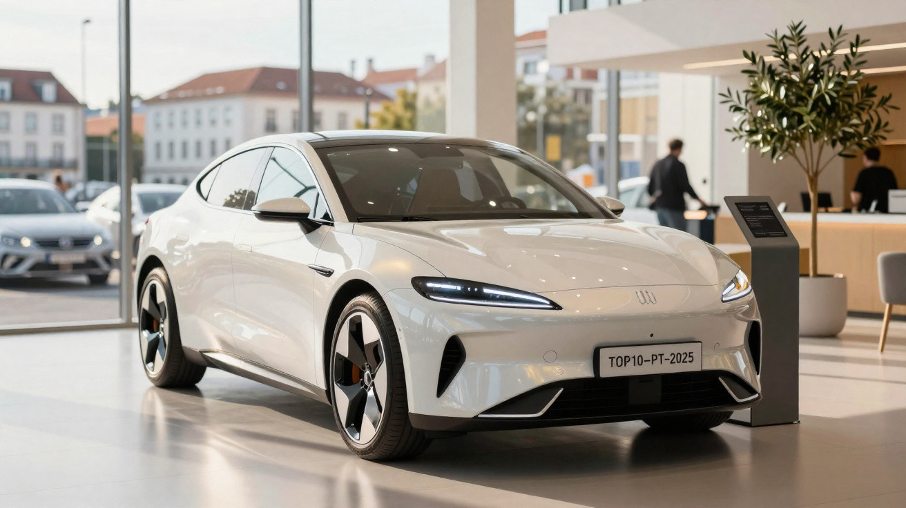 Carro elétrico branco moderno exibido em showroom com janelas grandes e pessoas ao fundo.