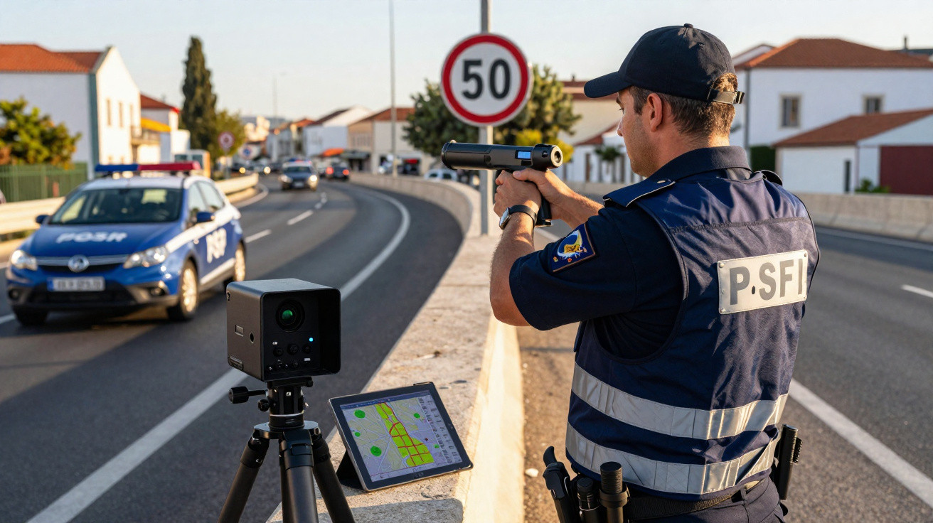 Polícia em uniforme a controlar a velocidade dos veículos numa estrada urbana com limite de 50 km/h.