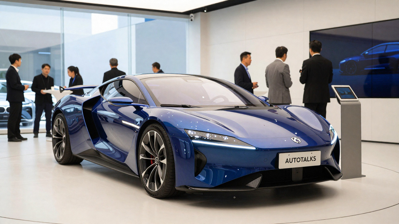 Carro desportivo azul exibido num salão com pessoas a conversar ao fundo.