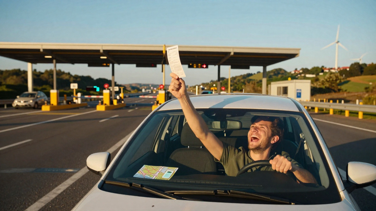 Homem sorridente numa viatura branca segura um documento junto a uma portagem numa estrada.