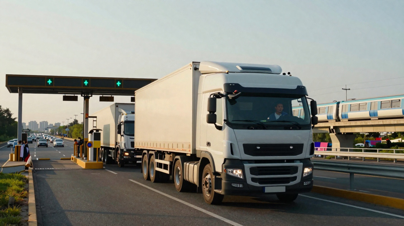 Camiões brancos a passar por uma portagem numa autoestrada com trânsito e comboio na via ao lado.