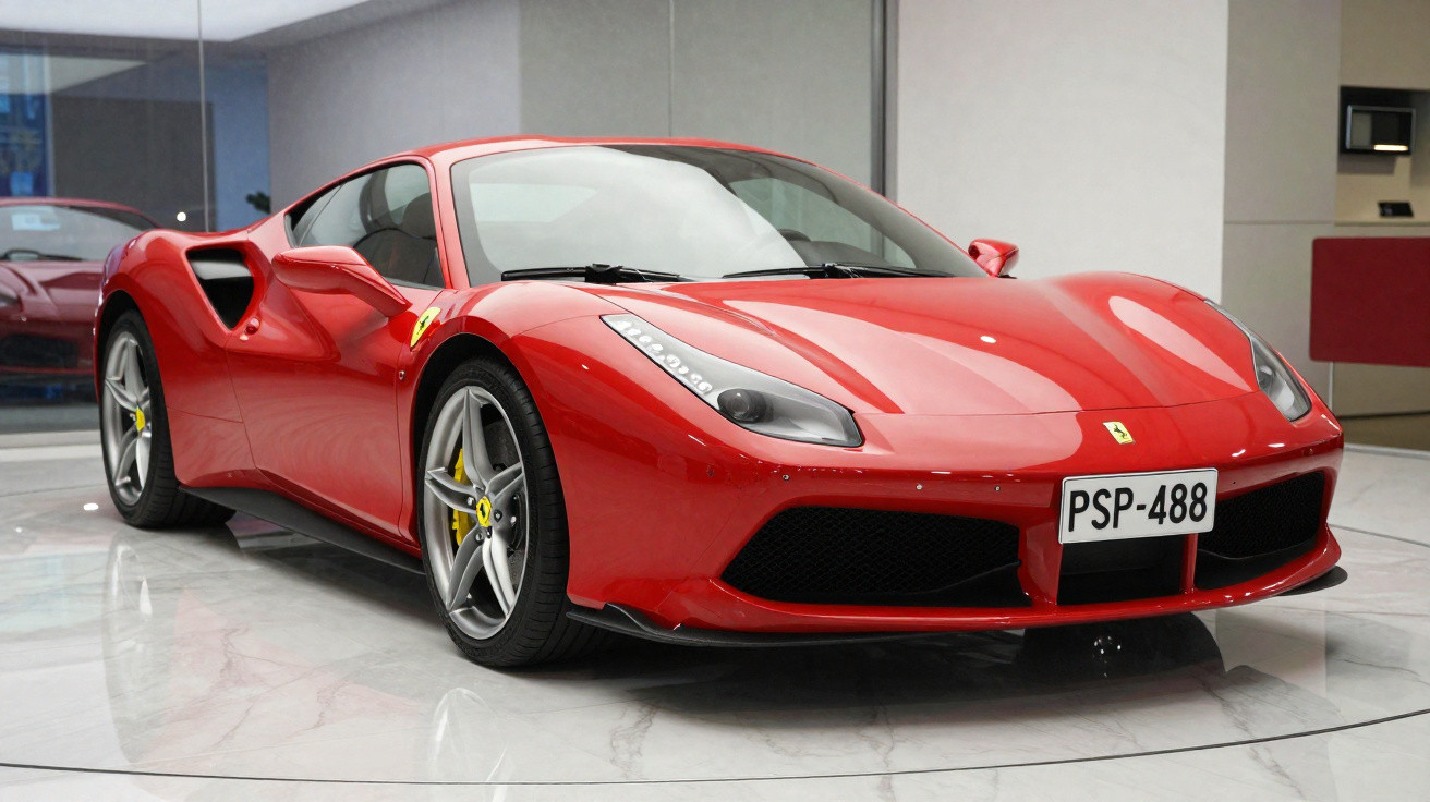 Carro desportivo Ferrari vermelho estacionado em interior moderno com chão em mármore.