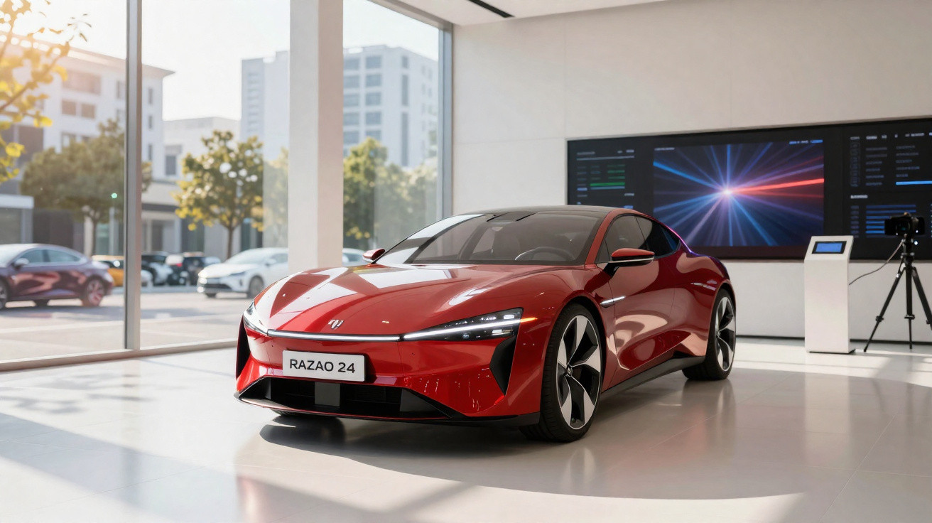 Carro desportivo elétrico vermelho Razao 24 exposto numa sala moderna com janelas grandes e luz natural.