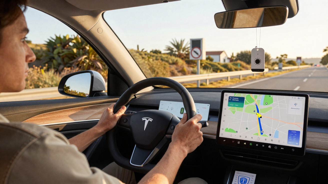 Homem a conduzir um Tesla com o sistema de navegação ligado num ecrã tátil e paisagem vista através das janelas.