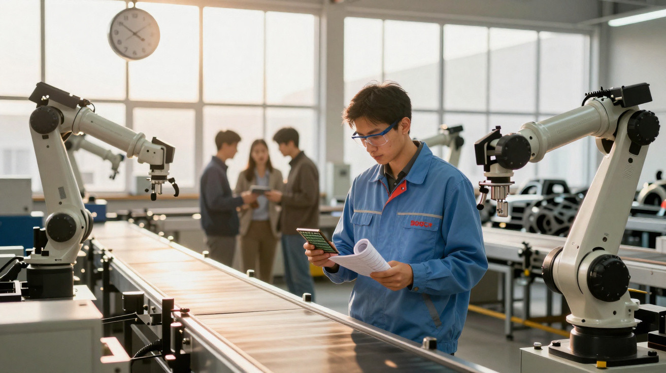 Jovem técnico com óculos de proteção a analisar dados junto a robôs industriais numa linha de produção.