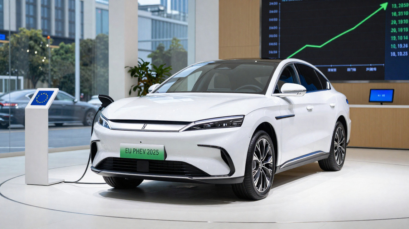 Carro elétrico branco estacionado em exposição com carregador ligado e gráfico financeiro ao fundo.