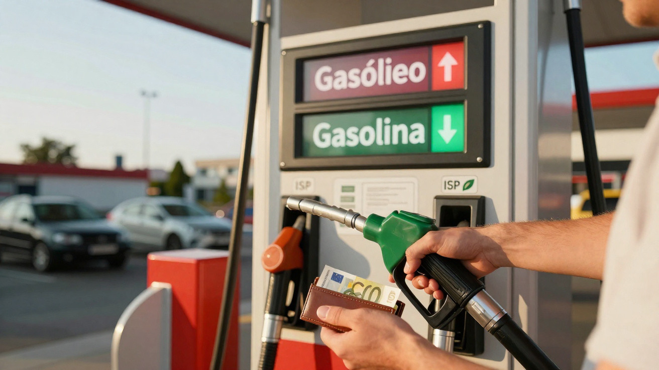 Pessoa a abastecer gasolina numa bomba com sinais de preço a subir no gasóleo e a descer na gasolina.