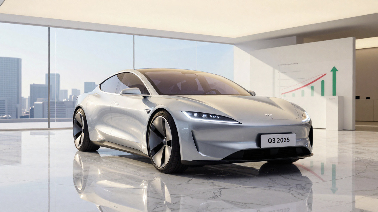 Carro elétrico Tesla prateado moderno num showroom com grandes janelas e gráfico de crescimento ao fundo.