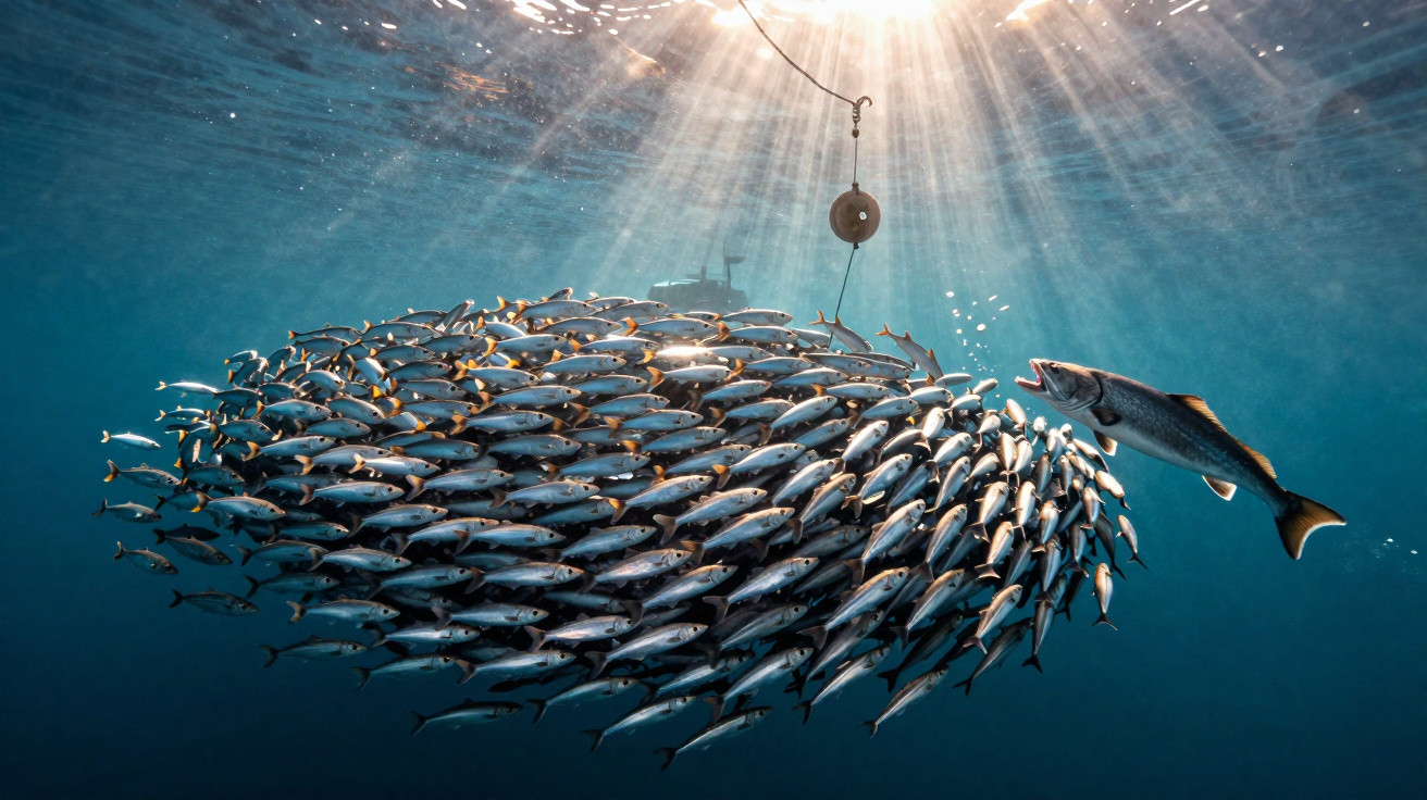 Cardume de peixes pequenos cercado por um peixe maior junto a um anzol na água iluminada pelo sol.