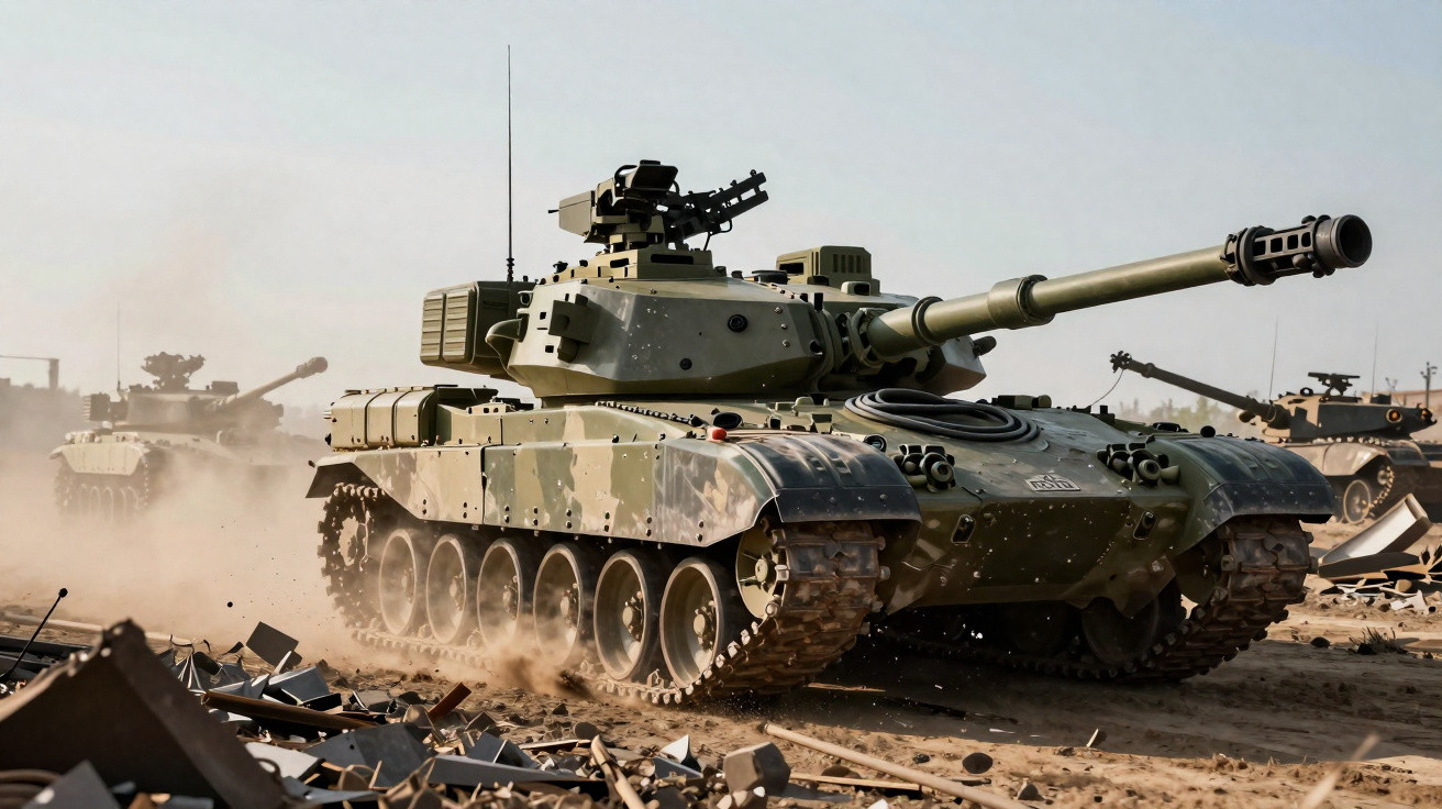 Tanque militar em camuflagem a avançar em terreno árido com destroços no chão e outros tanques ao fundo.