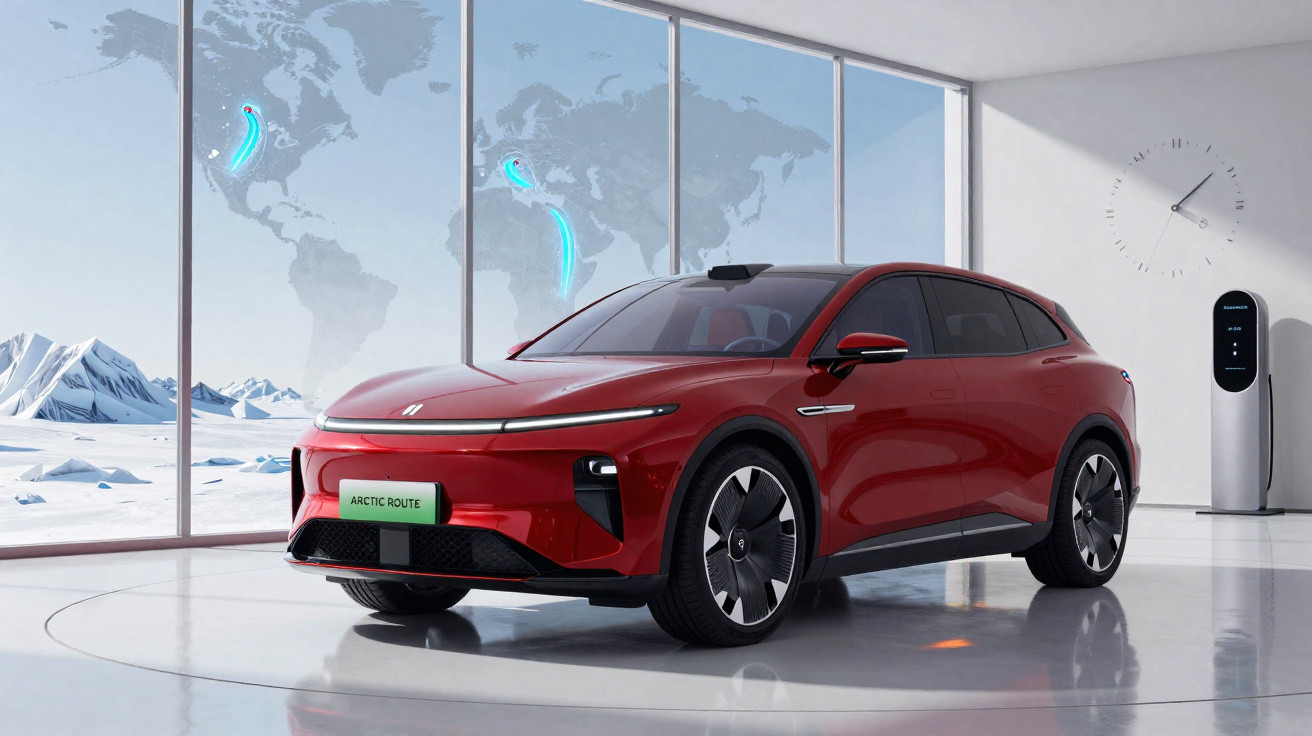 Carro elétrico vermelho estacionado em interior minimalista com grandes janelas e estação de carregamento.