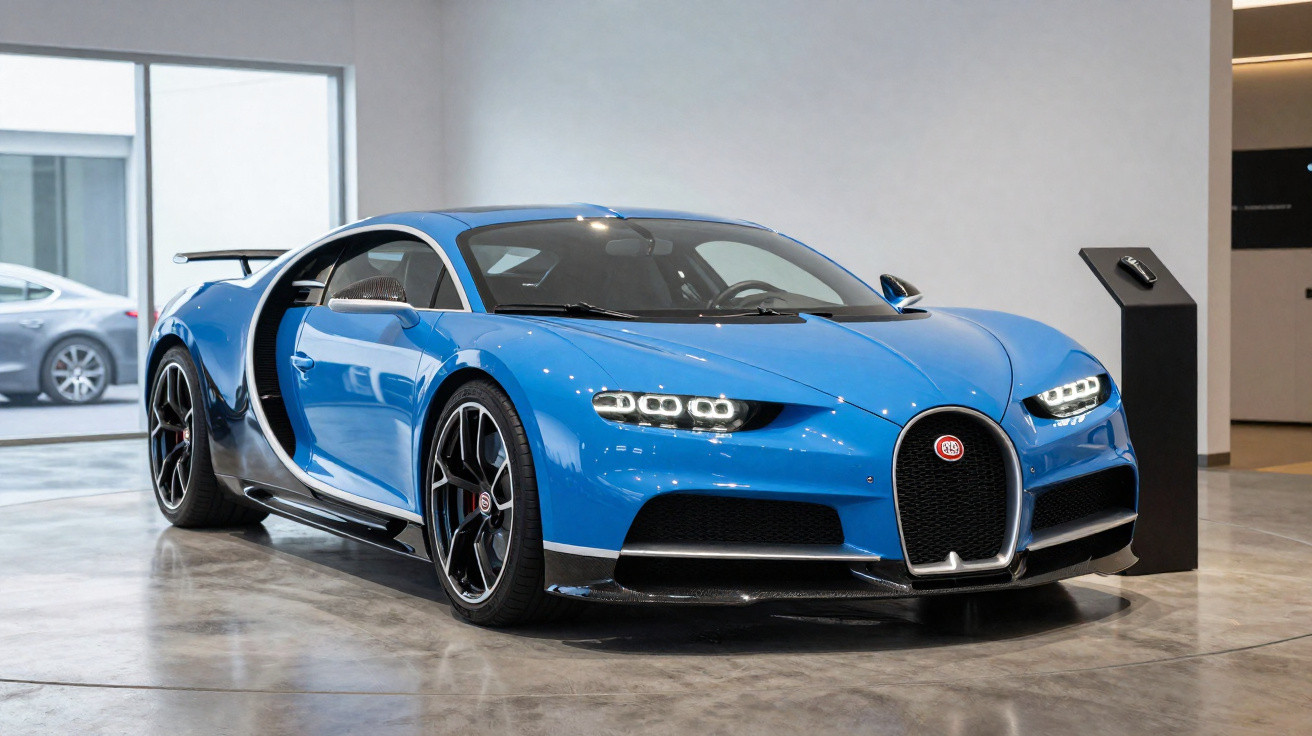 Carro desportivo Bugatti Chiron azul exibição em sala com pavimento de cimento polido.