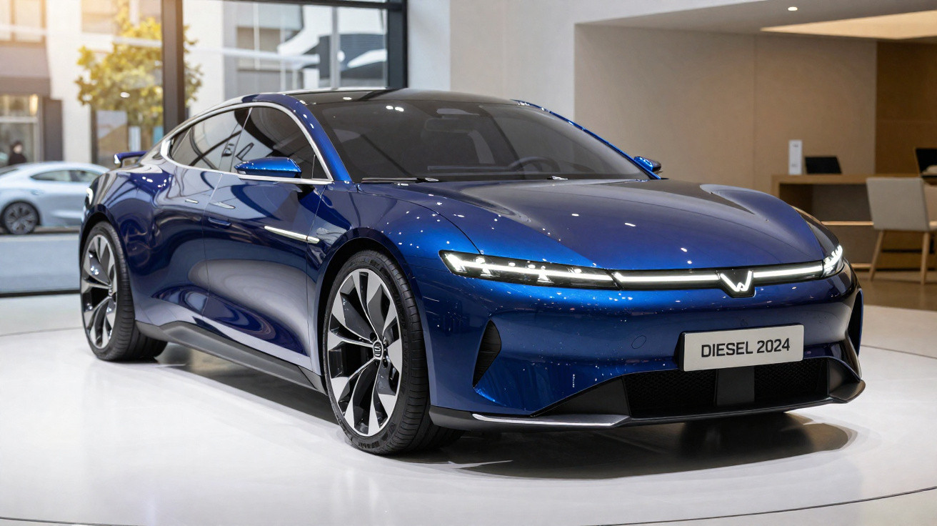 Carro desportivo azul metálico moderno em exposição com placa "DIESEL 2024" num salão contemporâneo.