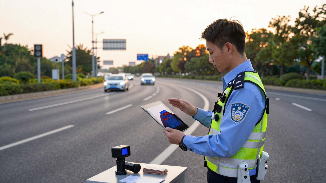 Polícia rodoviário a usar tablet para fiscalização numa estrada ao final da tarde.