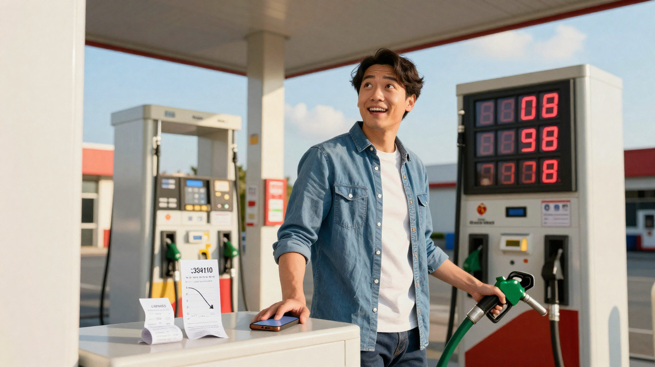 Jovem com camisa azul segura bico de combustível verde numa bomba de gasolina, sorrindo num posto.