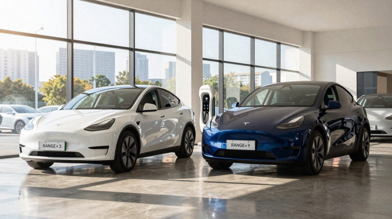 Dois carros elétricos Tesla, um branco e um azul, estacionados em salão com janelas amplas e carregador elétrico.