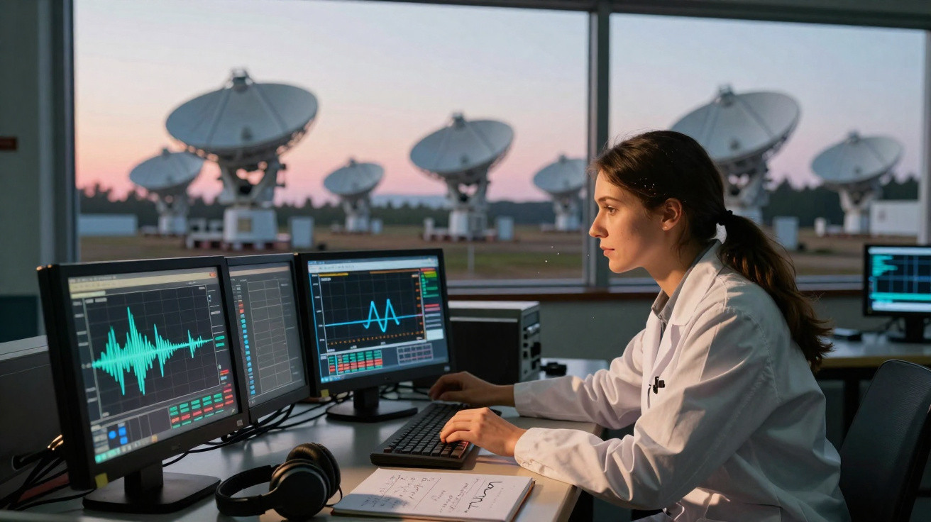 Mulher com bata branca analisa dados em computadores, com antenas parabólicas ao fundo ao pôr do sol.