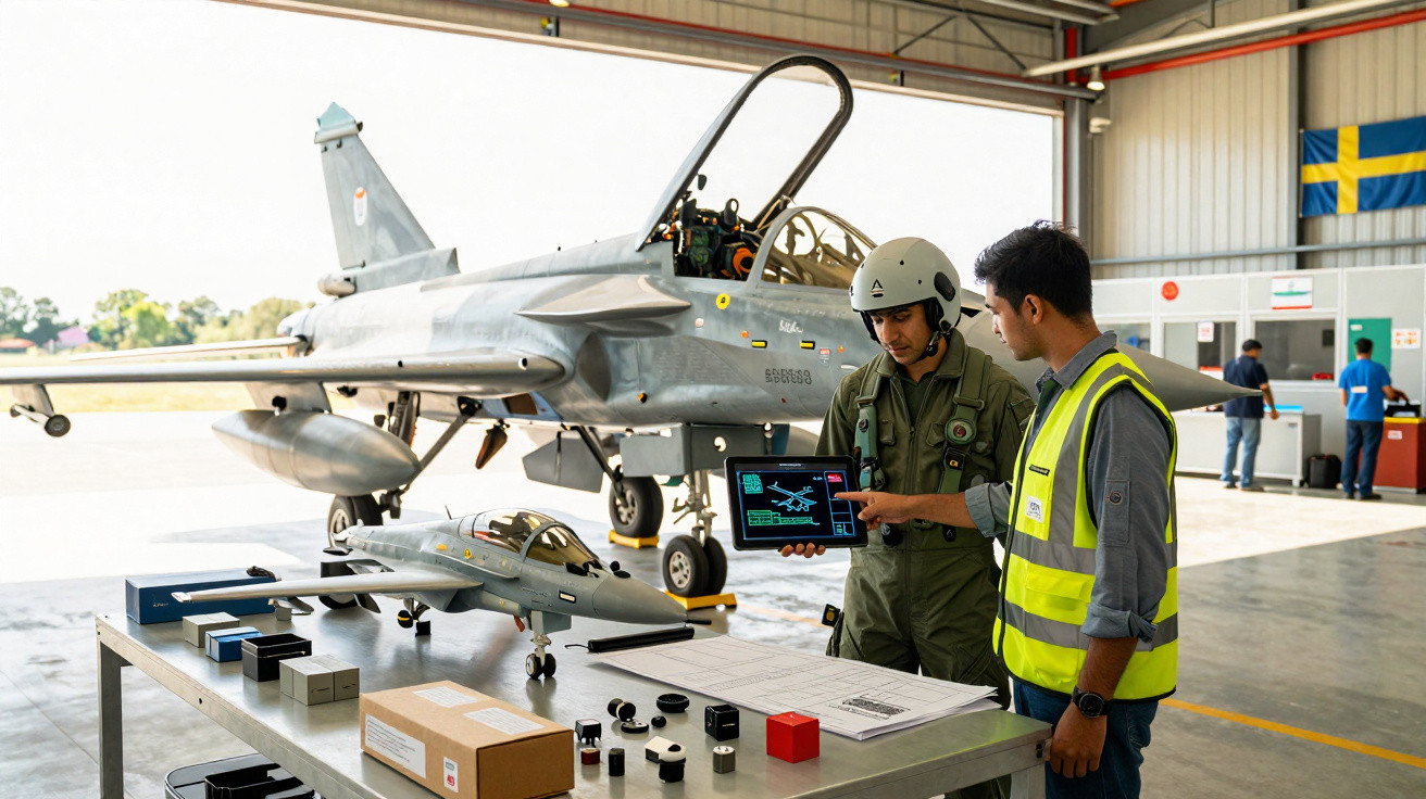 Dois homens em hangar com uniforme militar e colete refletor, analisando tablet, com avião de caça e maquete ao fundo.