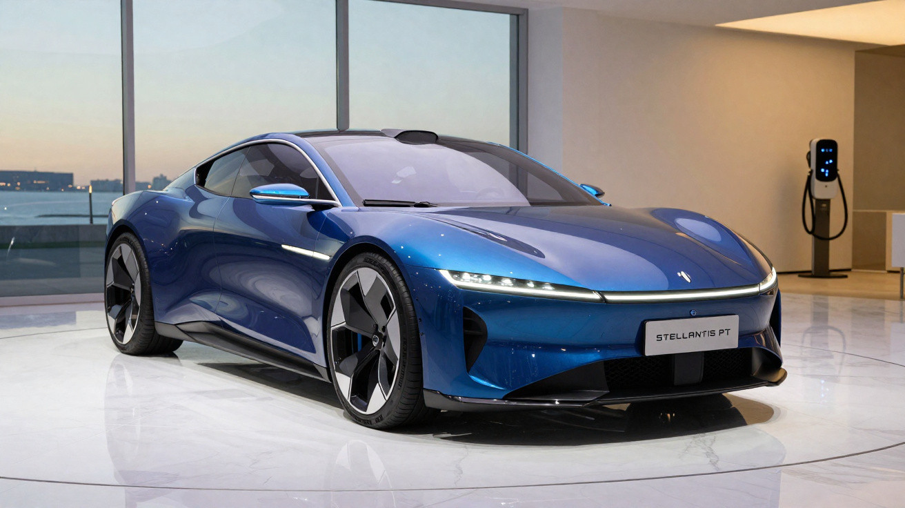 Carro desportivo elétrico azul metálico estacionado em sala moderna com estação de carregamento.