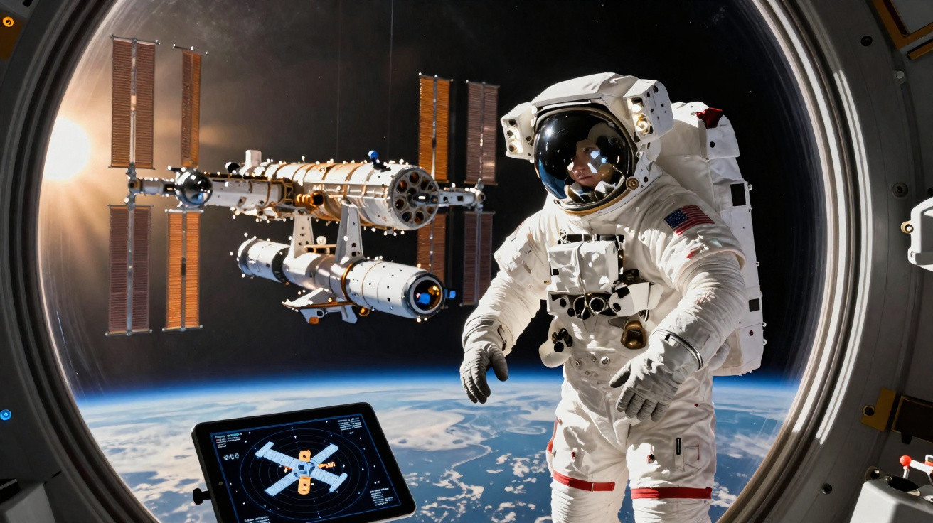 Astronauta em traje espacial flutua no espaço perto de uma estação espacial, com vista para a Terra.